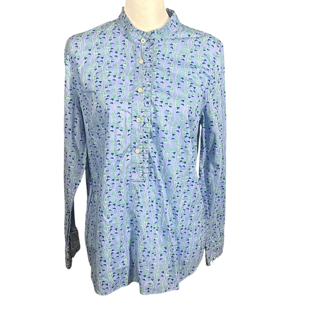 Talbots‎ Sailboat Print Blouse Women's Medium Blue Green Ruffle Collar Buttons